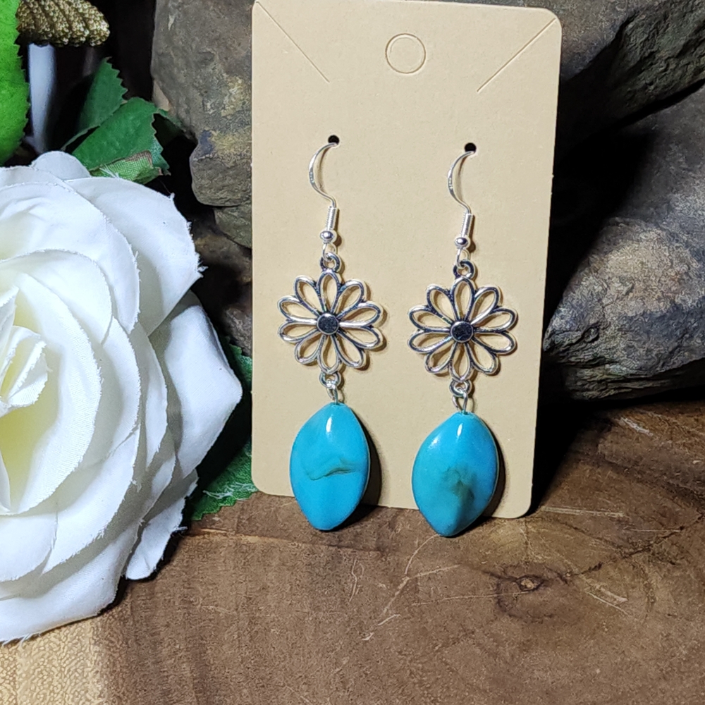 Hand Crafted Faux Turquoise and Silver Toned Floral Earrings